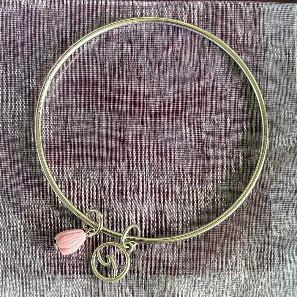 Hawaiian Silver Bangle with Purple Pikake And Wave Charm